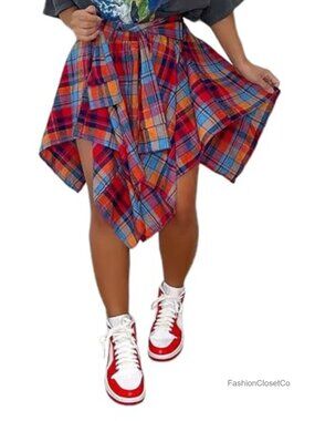 Plaid Mini Skirt High Waist Front Knot Pleated Skort Polyester Spandex